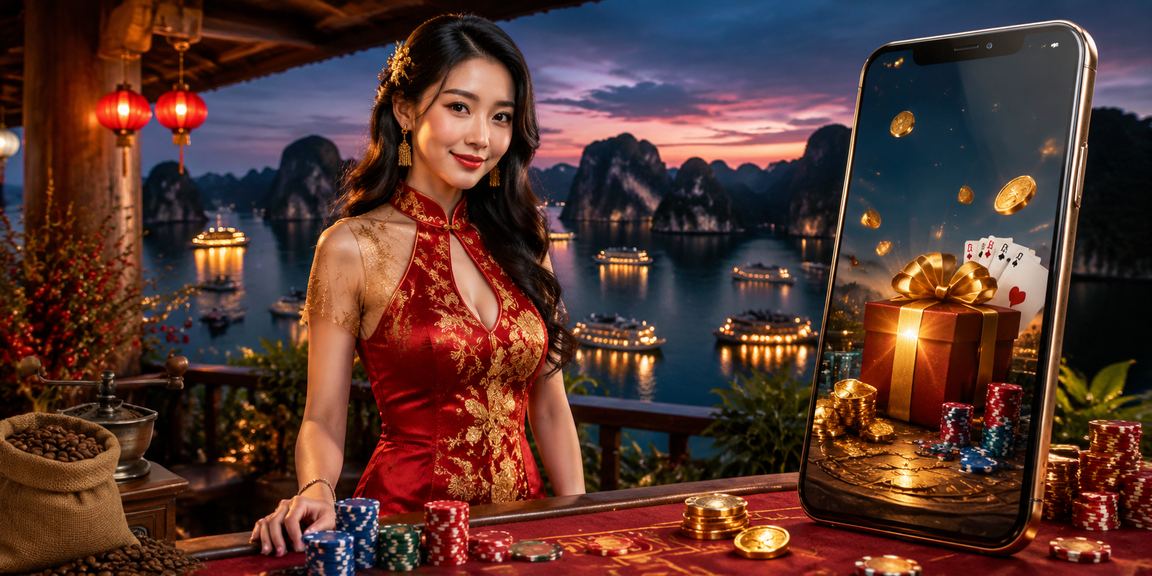 Người chơi dùng app casino tại vịnh Hạ Long trong buổi chiều bên tách cà phê