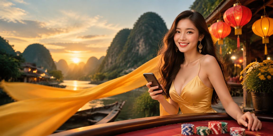 Người chơi tại Hội An dùng điện thoại kiểm tra kết quả giải thưởng casino trong đêm đèn lồng